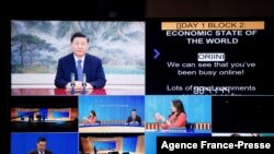 新西兰主办的APEC领导人会议发布的图片显示中国国家习近以视频方式在峰会间歇的经济领袖会议上发表讲话。(2021年11月11日)