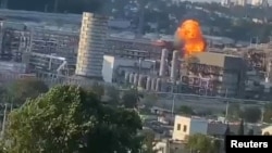 A view of an explosion caused by a Ukrainian drone attack on Rosneft's Tuapse oil refinery, amid Russia's attack on Ukraine, in Tuapse, Krasnodar region, Russia July 22, 2024 in this screen grab obtained from social media video.