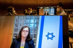 Israeli Ambassador Meirav Eilon Shahar delivers a speech during a UN Human Rights Council emergency meeting on occupied Palestinian territory including East Jerusalem in Geneva on May 27, 2021.