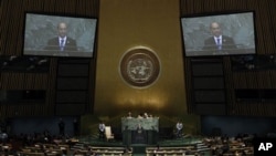 Presiden Burma Thein Sein berpidato di depan Sidang Umum PBB di Markas Besar PBB, New York (27/9).