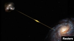 This artist's impression, not to scale, illustrates the path of a fast radio burst from the distant galaxy where it originated all the way to Earth in this handout picture obtained on October 20, 2023. (ESO/M. Kornmesser/Handout via REUTERS)