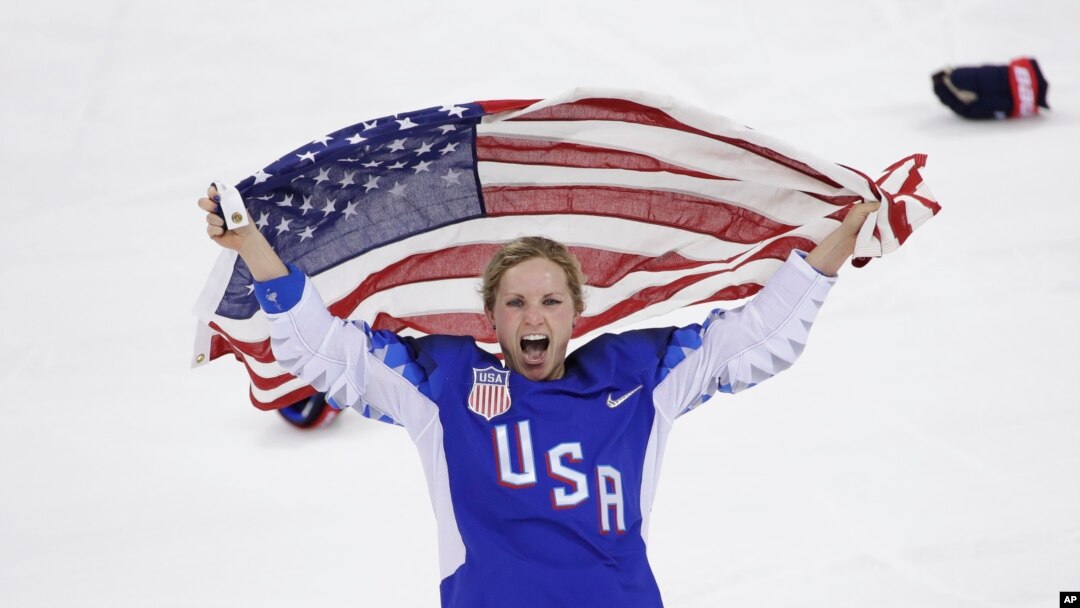 Jocelyne Lamoureux-Davidson of the United States celebrates after winning the women's gold medal hockey game at the 2018 Winter Olympics in Gangneung, South Korea, Feb. 22, 2018.