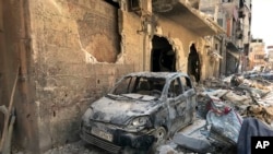 Une rue de Douma après une attaque présumée à l'arme chimique, près de Damas, en Syrie, le 16 avril 2018.