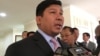 Minister of Ministry of Environment Say Samal speaks to journalists after giving his testimony at the National Assembly, Phnom Penh, Cambodia, January 4, 2017. (Kann Vicheika/VOA Khmer)