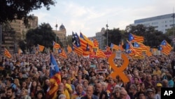 Thousands of secession supporters march during a demonstration in Barcelona, Spain, Oct. 1, 2019.