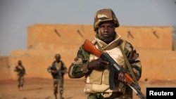 Des soldats du Niger patrouillent dans un champs ouvert à Goa, le 27 février 2013.