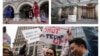 Hotel u Vašingtonu (D) i Čikagu (L) američkog predsednika Donalda Trampa; protest pred zgradom hotela u Čikagu (Foto: Reutes/VOA graphic)