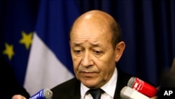 French Defense Minister Jean-Yves Le Drian talks to the press in Paris on Jan. 12, 2013.