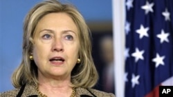 U.S. Secretary of State Hillary Rodham Clinton speaks during a news conference at the State Department, April 11, 2011