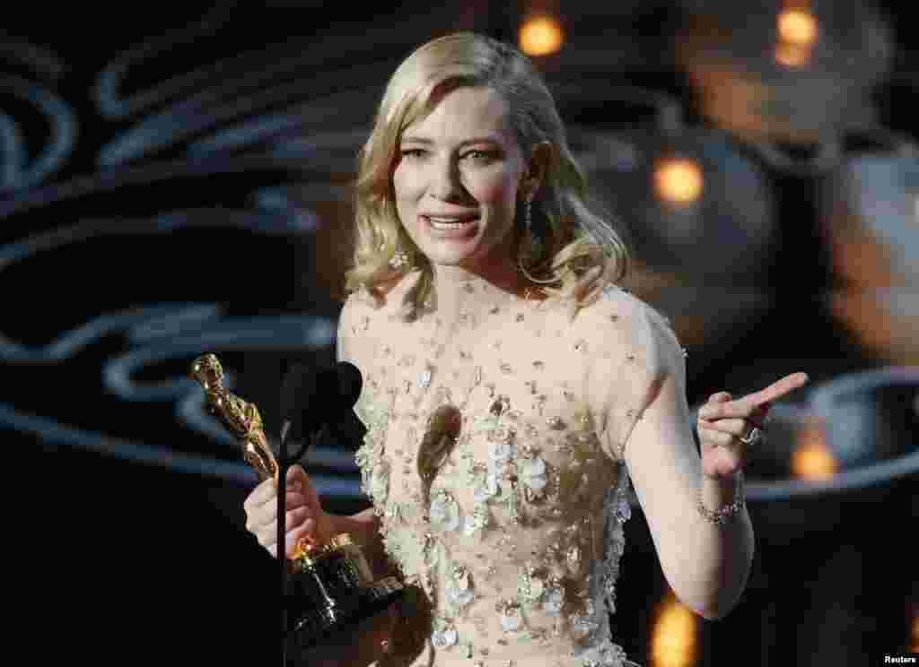 Cate Blanchett speaks on stage after she won best actress for her work in 'Blue Jasmine" at the 86th Academy Awards in Hollywood, CA, March 2, 2014.