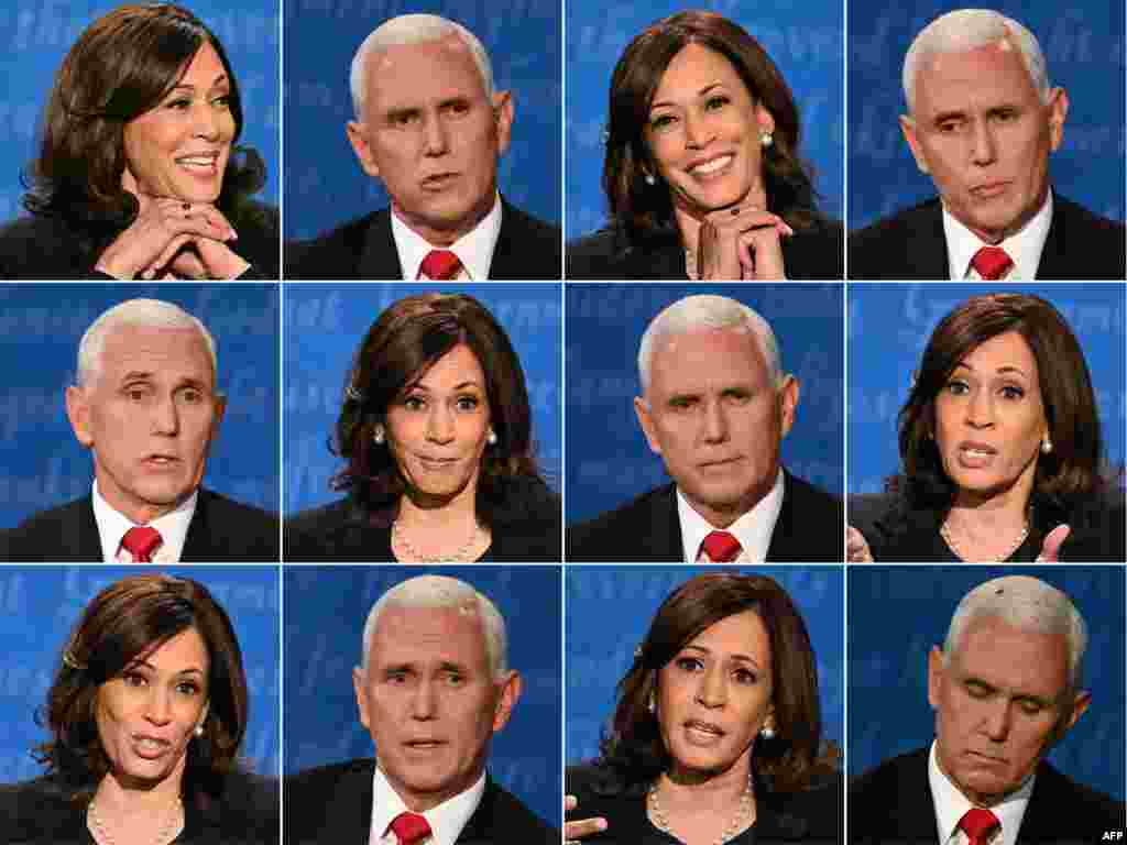 Esta combinación de imágenes creadas el 7 de octubre de 2020 muestra a la candidata demócrata a la vicepresidencia Kamala Harris y al vicepresidente de EE.UU., Mike Pence en distintos momentos del debate.