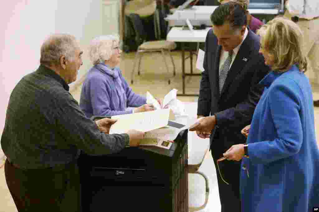 Republican presidential candidate, former Massachusetts Gov. Mitt Romney and wife Ann Romney vote in Belmont, Massachusetts, November 6, 2012.