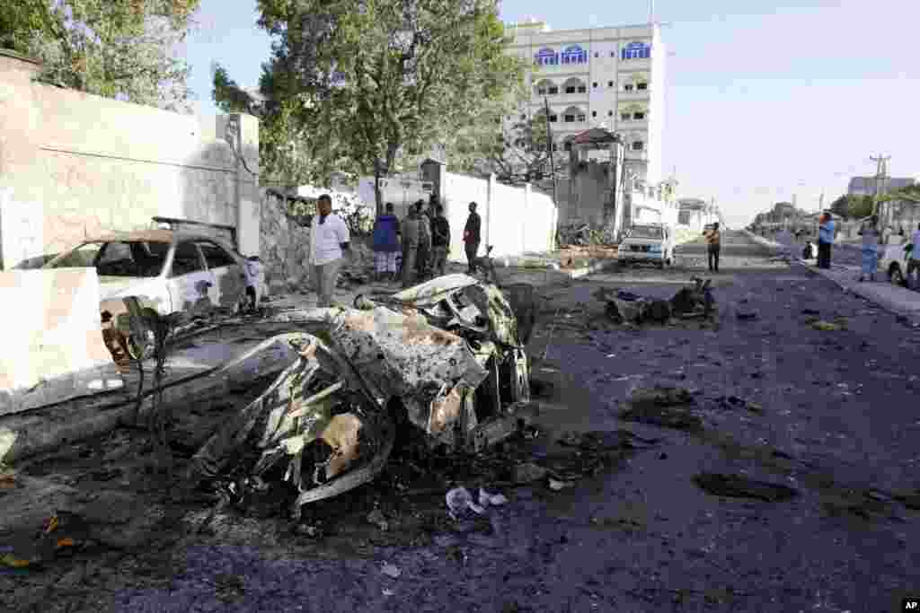 Wreckage is seen after an attack outside the Jazeera Hotel in Mogadishu, Jan. 2, 2014.
