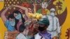 Seorang penjaja makanan melewati mural layanan masyarakat untuk mengingatkan penggunaan masker di tengah pandemi Covid-19 di Jakarta, 15 Desember 2020. (AP Photo/Tatan Syuflana)