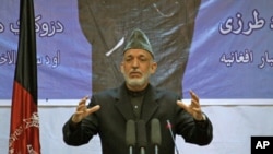 Afghan President Hamid Karzai speaks during a gathering in Kabul, Afghanistan, April 17, 2012.