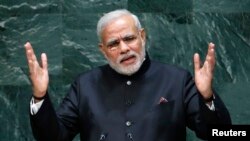 India's Prime Minister Narendra Modi addresses the 69th United Nations General Assembly at the U.N. headquarters in New York, Sept. 27, 2014. 
