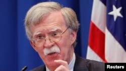 U.S. National Security Advisor John Bolton speaks during a news conference after a meeting with Russia's Nikolai Patrushev at the U.S. Mission to the United Nations in Geneva, Switzerland, Aug. 23, 2018.
