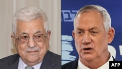 FILE - At left, Palestinian President Mahmud Abbas is seen in a handout photo provided by the Palestinian Authority's press office, August 1, 2021; and Israeli Defense Minister Benny Gantz is seen on June 7, 2021.