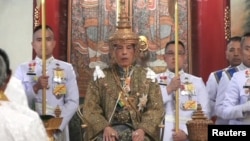 Thailand's King Maha Vajiralongkorn is crowned during his coronation in Bangkok, May 4, 2019, in this still image taken from TV footage.