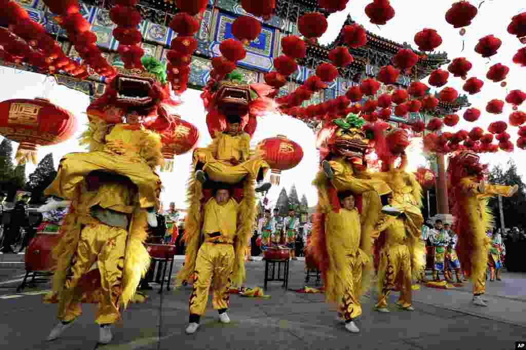 在春节那天，在北京地坛庙会上的舞狮表演者（2016年2月5日）