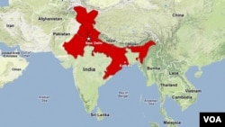 A map showing the areas in north and northeast India affected by the power outages.