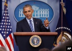 President Barack Obama speaks during a news conference in the briefing room of the White House in Washington, Dec. 16, 2016.