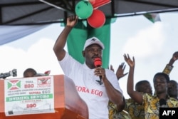 FILE - Burundi's President Pierre Nkurunziza speaks during the launching ceremony of the official campaign for a referendum which is set on May 17 on constitutional change.
