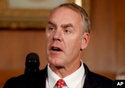 Interior Secretary Ryan Zinke speaks at the Interior Department in Washington, April 26, 2017, before President Donald Trump signed an Antiquities Executive Order.