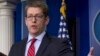 White House press secretary Jay Carney gestures as he speaks during the daily news briefing at the White House in Washington, April 15, 2014.