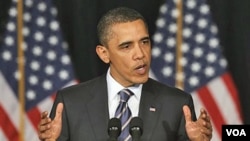 Presiden Barack Obama memaparkan kebijakan anggaran dalam pidato di Universitas George Washington, Washington DC hari Rabu (13/4).