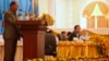 Cambodian People's Party Honorary President and President of the National Assembly of Cambodia Heng Samrin (L) speaks as Vice President of the CPP and Cambodia's Prime Minister Hun Sen looks on at the Extraordinary General Assembly of Cambodian People's Party, in central Phnom Penh January 30, 2015.