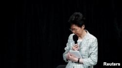 Hong Kong Chief Executive Carrie Lam reacts during the first community dialogue session in Hong Kong, China September 26, 2019. REUTERS/Tyrone Siu