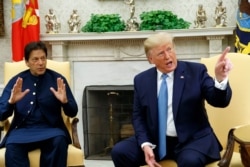 FILE - President Donald Trump speaks during a meeting with Pakistani Prime Minister Imran Khan in the Oval Office of the White House, July 22, 2019.