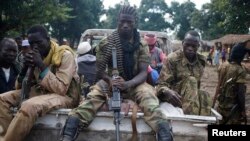 Des combattants de l'ex-rébellion Séléka à l'arrière d'un pick-up à Goya, Centrafrique, 11 juin 2014.
