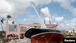 A stranded sailboat is seen after Hurricane Dorian hit the Abaco Islands in Treasure Cay, Bahamas, Sept. 7, 2019.
