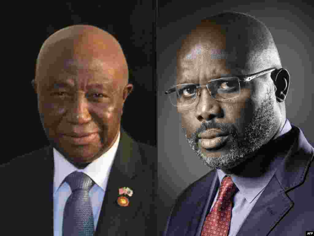 Le vice-président libérien Joseph Boakai, 16 octobre 2017, et l’ancien joueur de football et ambassadeur de bonne volonté de l’Unesco, Goerges Weah, 5 août 2014, les deux candidats au second de la présidentielle au Liberia.