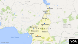 Peta kawasan Kamerun, dengan beberapa lokasi kota besar: Douala, Yaounde, Garoua, Kousseri, Bamenda, Maroua, Bafoussam, Mokolo, Ngaoundere, dan Bertoua.