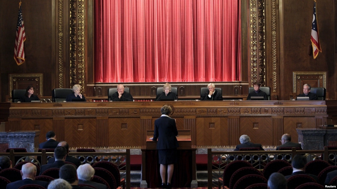 Ohio Supreme Court Justice Judith French (far L) listens to oral arguments during a court session in Columbus, Ohio, Sept. 15, 2015.