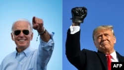 Une combinaison d'images créée le 30 octobre 2020 montre le président élu Joe Biden à Coconut Creek, en Floride, le 29 octobre 2020; et le président Donald Trump à un rassemblement électoral à Green Bay, dans le Wisconsin, le 30 octobre 2020. (AFP/ JIM WATSON & MANDEL NGAN)