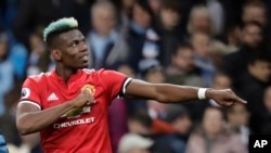 Paul Pogba de Manchester United à la fin du match de football de Premier League anglaise contre Manchester City au Stade Etihad à Manchester, Angleterre, 7 avril 2018. 