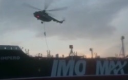 This image grab taken from a video provided by Iran's Revolutionary Guard official website via SEPAH News, July 20, 2019, allegedly shows Revolutionary Guard Corps boarding the British-flagged tanker Stena Impero in the Strait of Hormuz.