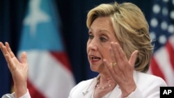 Democratic presidential candidate Hillary Clinton speaks at a news conference after a discussion about health care in San Juan, Puerto Rico, Sept. 4, 2015.