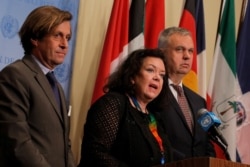 Nicolas de Riviere, French ambassador to the United Nations, Karen Pierce, the United Kingdom's ambassador to the U.N., and Jurgen Schulz, German deputy ambassador to the U.N., deliver a statement after a U.N. Security Council meeting on North Korea's latest missile launches, at the United Nations headquarters in New York, Aug. 1, 2019.