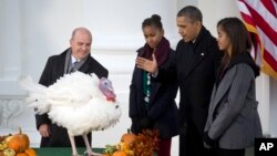 El presidente Obama junto a sus hijas Sasha y Malia perdonan al pavo de nombre "Pop Corn" durante la tradicional ceremonia en la Casa Blanca. Junto a ellos John Burkel, presidente de la Federación Nacional del Pavo.