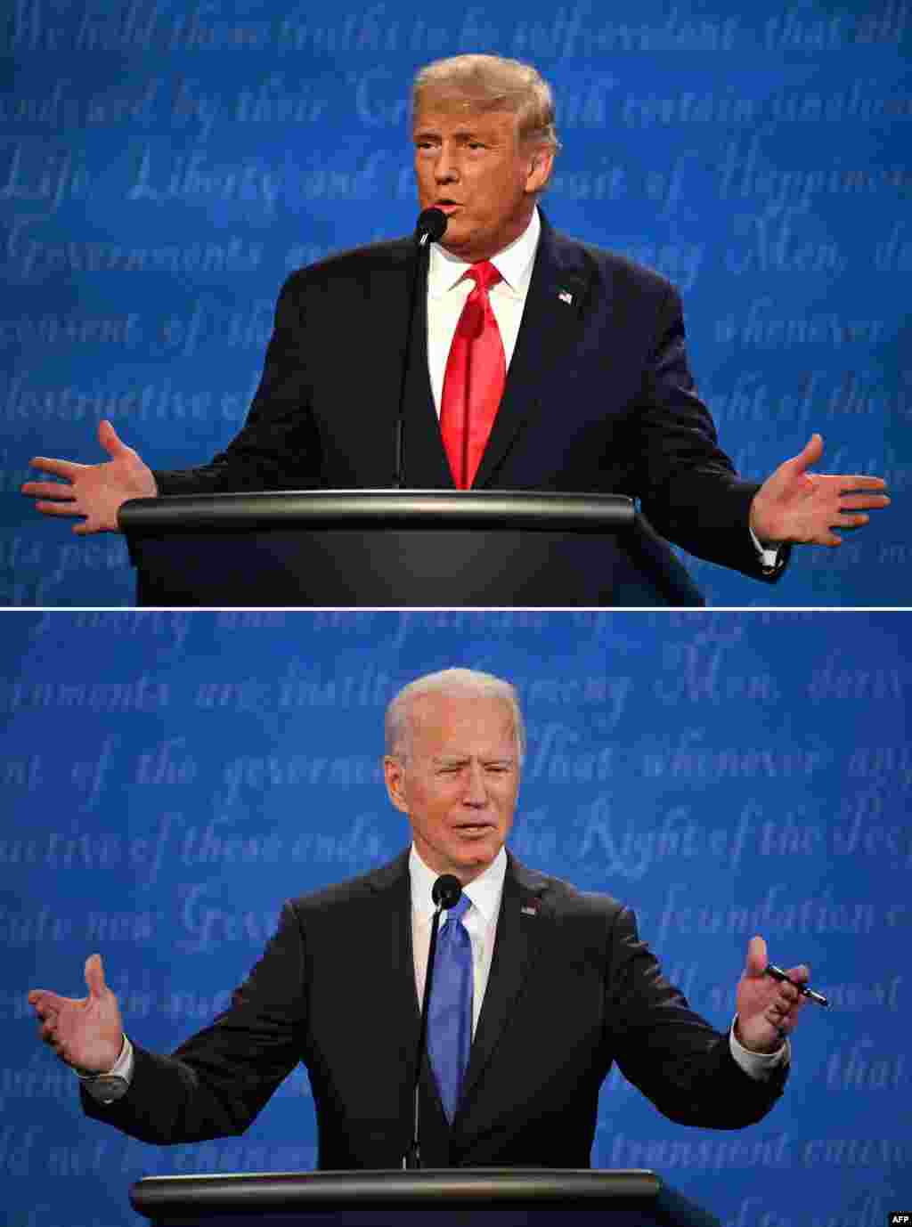Esta combinación de imágenes muestra a ambos candidatos durante el debate presidencial final en la Universidad de Belmont en Nashville, Tennessee, el 22 de octubre de 2020.
