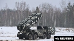 A view shows a rocket launcher system during the "Allied Resolve" military exercises held by the armed forces of Russia and Belarus at the Osipovichsky training ground in the Mogilev region, Belarus, Feb. 17, 2022.