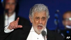 FILE - Opera singer Placido Domingo performs during a concert in Szeged, Hungary, Aug. 28, 2019.
