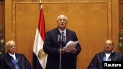 Adli Mansour (C), Egypt's chief justice and head of the Supreme Constitutional Court, speaks at his swearing in ceremony as the nation's interim president in Cairo, July 4, 2013, a day after the army ousted Mohamed Morsi as head of state.