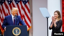 U.S President Donald Trump announces his nominee of Judge Amy Coney Barrett to fill the Supreme Court seat left vacant by the death of Ruth Bader Ginsburg, at the White House in Washington, Sept. 26, 2020.