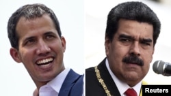 This combination of pictures created May 25, 2019, shows Venezuelan opposition leader Juan Guaido, left, in Caracas, Feb. 2, 2019, and Venezuelan President Nicolas Maduro, right, at the Fuerte Tiuna Military Complex in Caracas, Jan. 10, 2019.